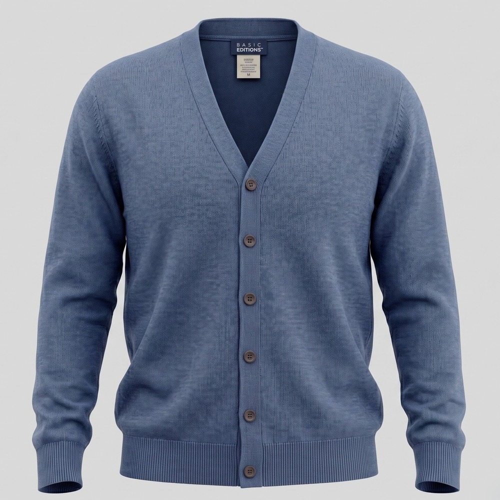 Basic Editions Mens Large Blue Cardigan Sweater V-Neck Button Front Cotton Blend